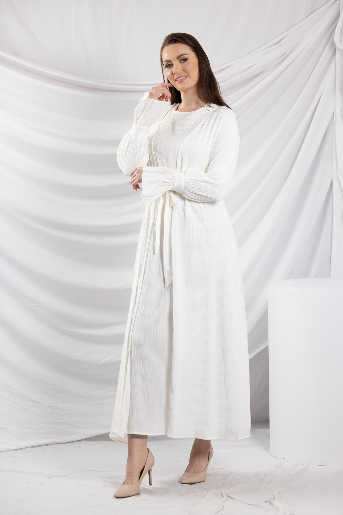 SM8427White-dress-cardigan-set