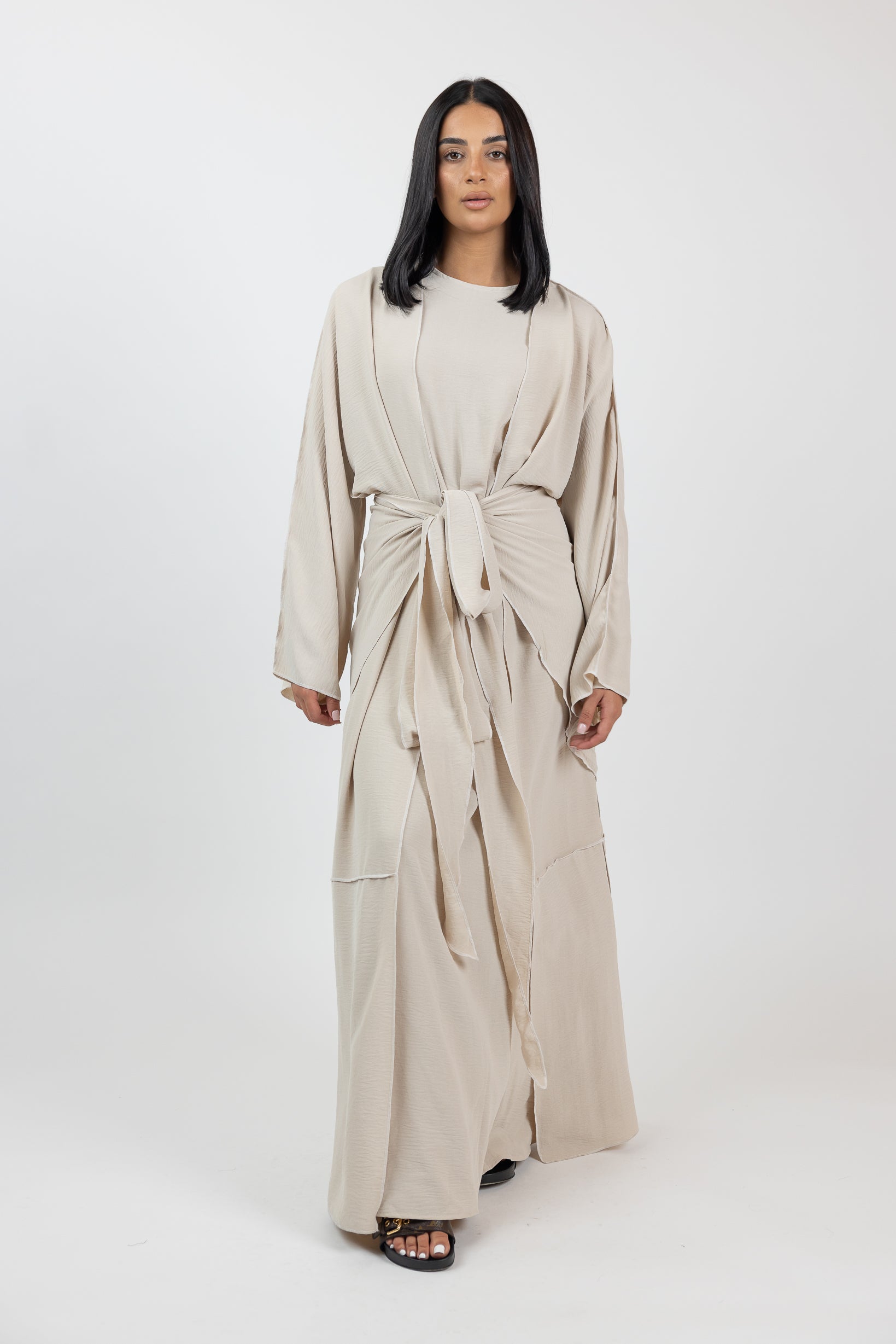 SM8627Beige-dress-skirt-cardigan-set