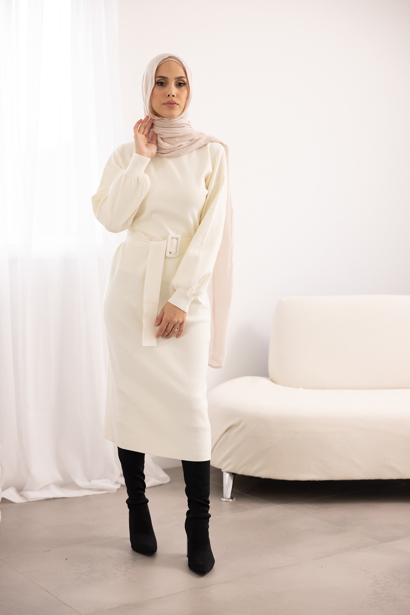 Knit Midi A-Line Dress with Belt Detail - Everyday Elegance