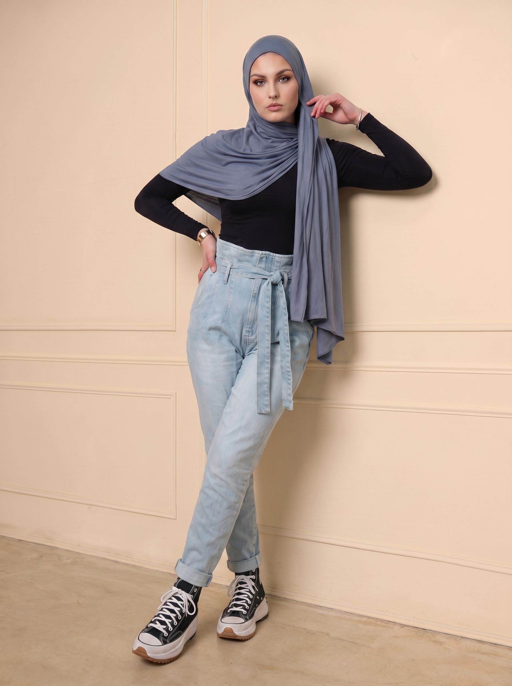 Tie Waist Denim Jeans High Rise