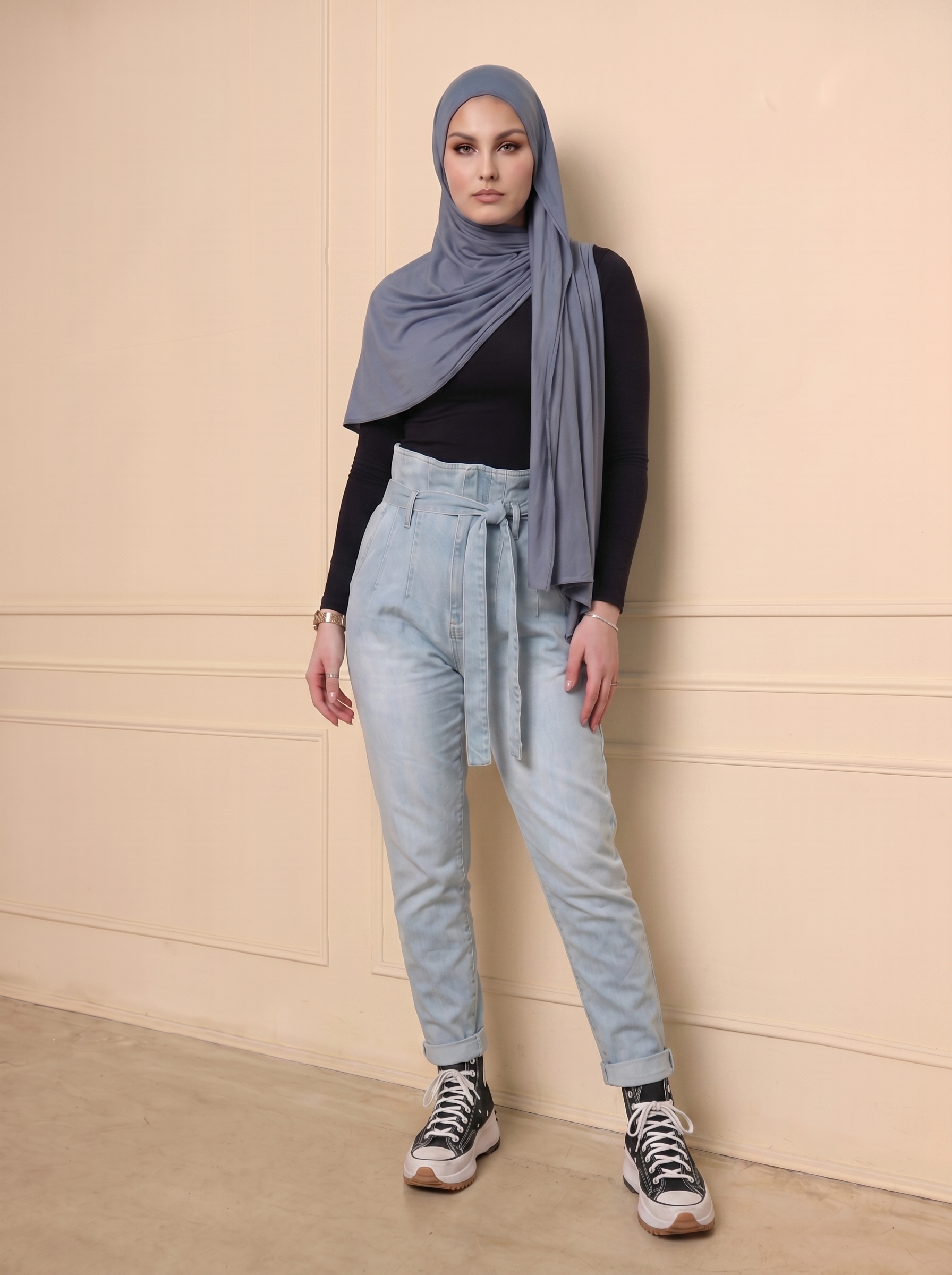 Tie Waist Denim Jeans High Rise