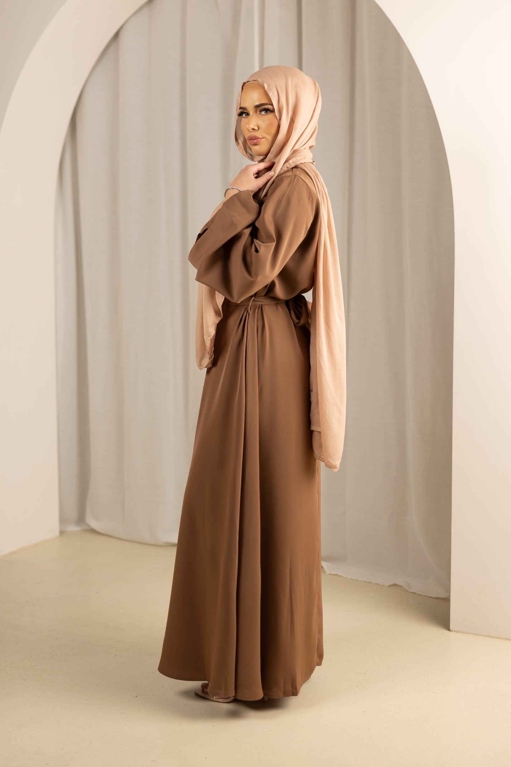 Women Hidden Placket front open casual Abaya Brown