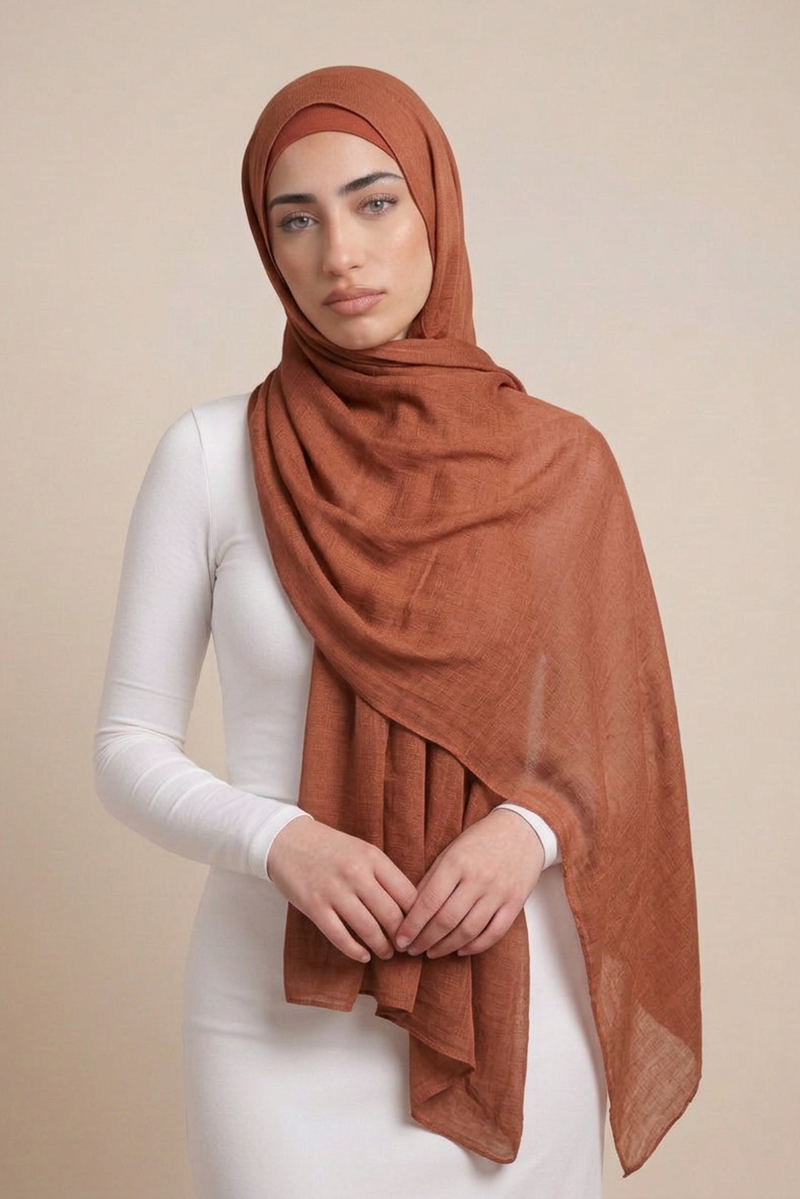 Cotton Tassleless Shawl - Shades of Light Brown