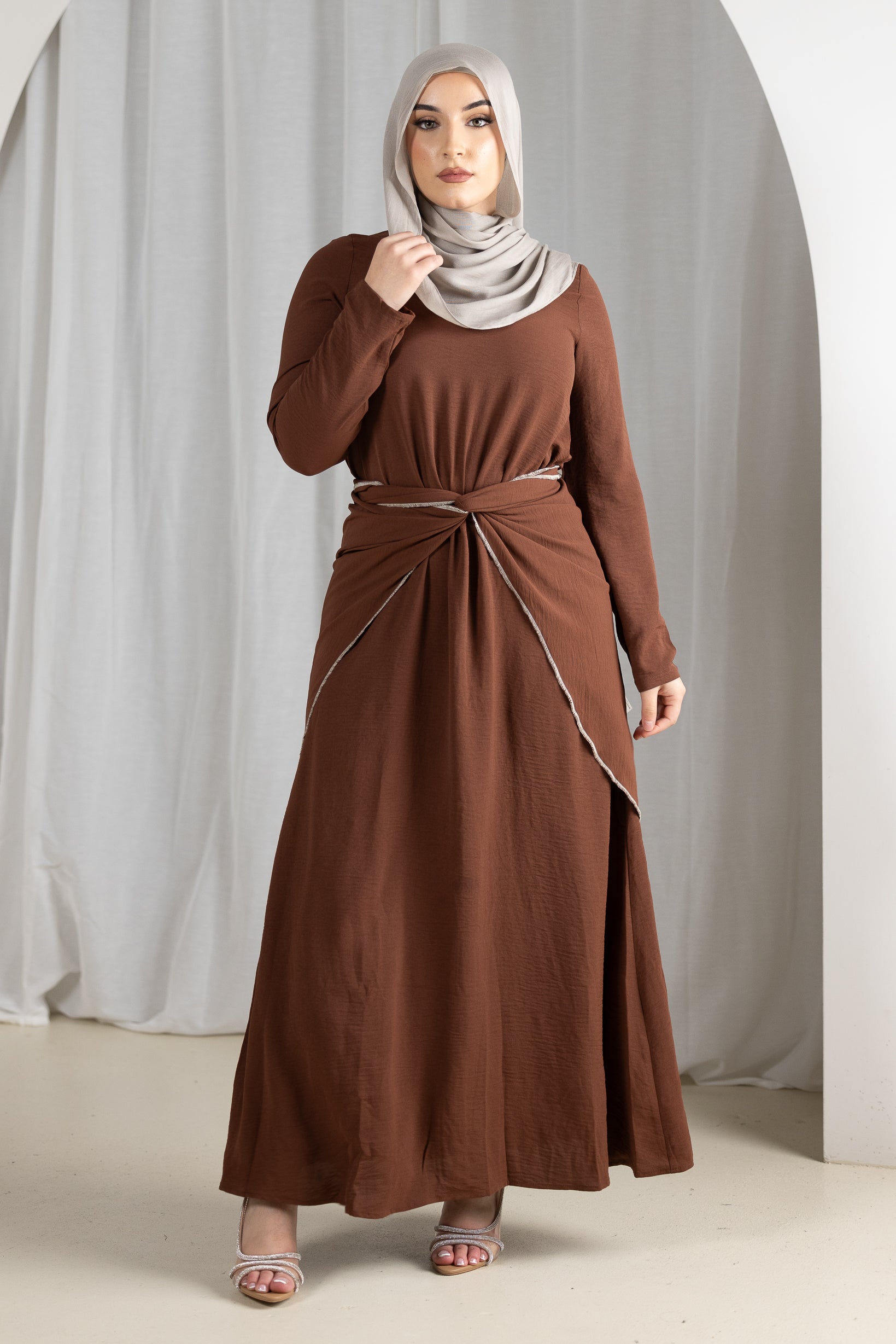 SM8627Chocolate-dress-skirt-cardigan-set