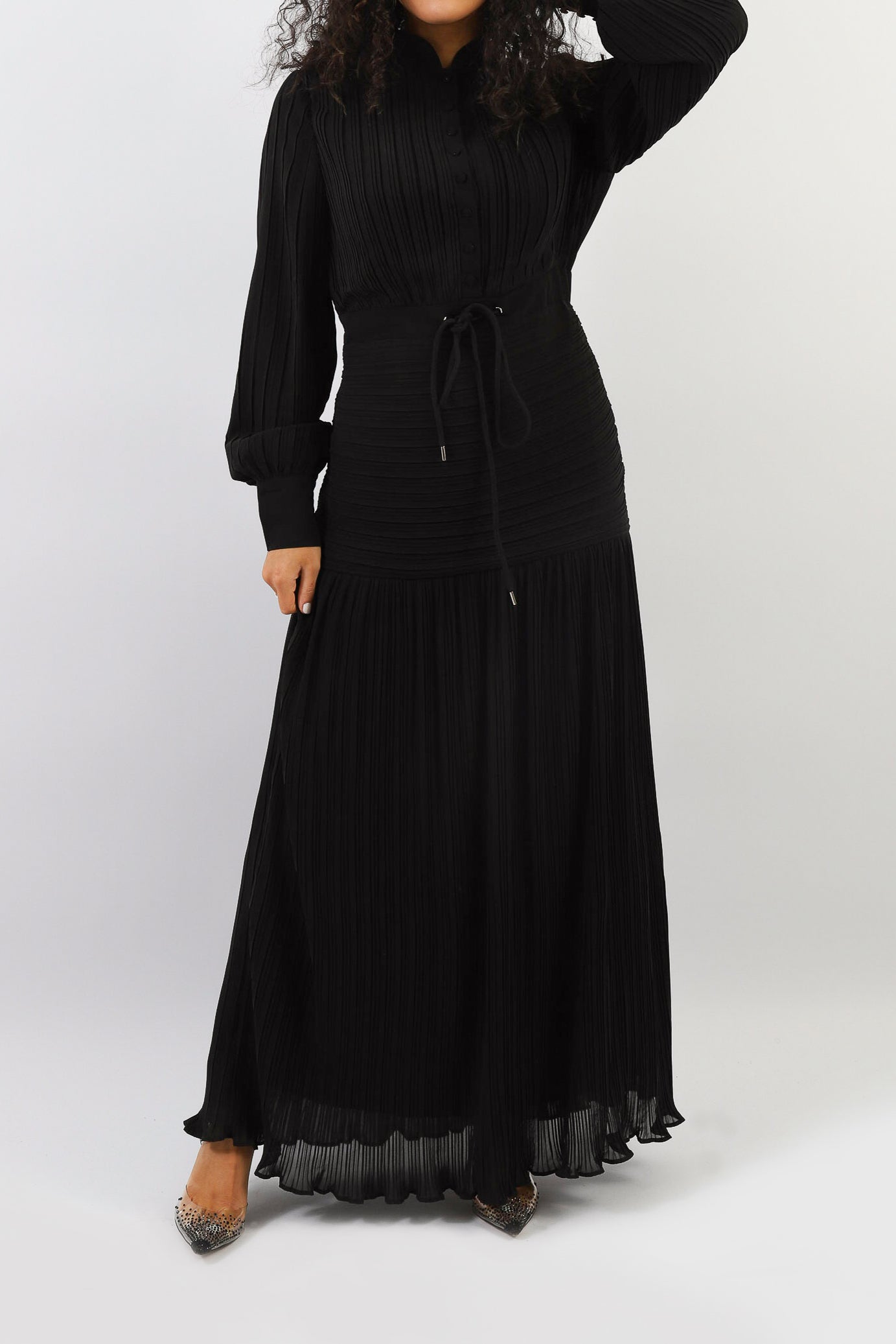 Pleated Drawstring Pockets Long Dress