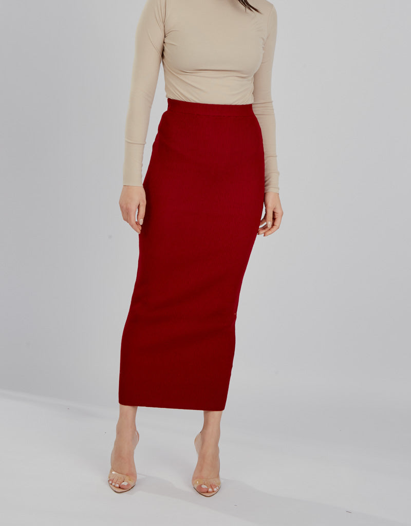 Neck & neck ribbed knit midi skirt in dark red sale